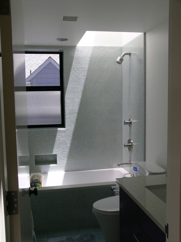 Sheetrock Installation Cost   Contemporary Bathroom  and Bath Blomberg Window Duravit Undermount Tub Glass Tile Glass Tile Tubshower Walls Icestone Lav Counter Modern Narrow Reed Glass Painted Lav Cabinet Skylight Tub Window