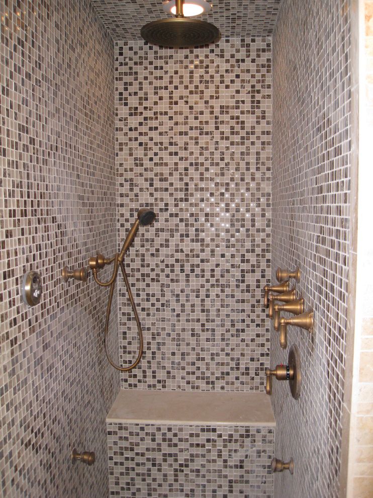 Shower Pan with Bench   Traditional Bathroom Also 1 Tile 1x1 Tile Antiqued Bronze Bronze Faucet Gray Marble Mosaic Rain Shower Shower Bench White
