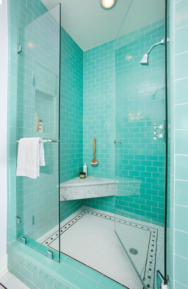 Shower Pan with Bench with Traditional Bathroom Also Bright Corner Shower Bench Glass Door Glass Wall Patterned Tile Turquoise Blue