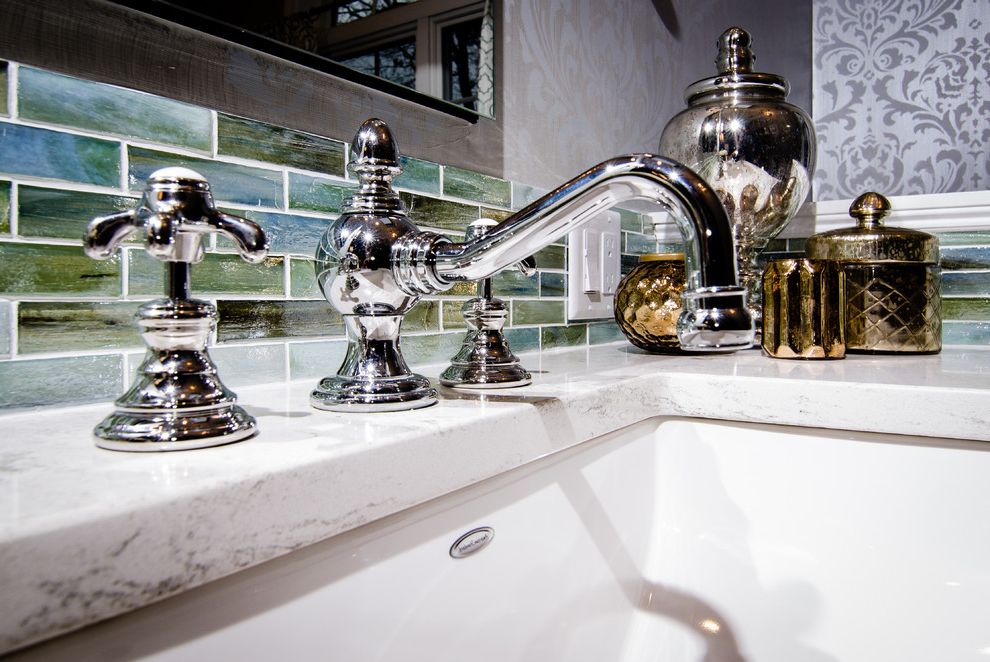 Sigma Faucets   Traditional Bathroom  and Glass Tile Master Bath Quartz Counter Top Sigma Faucets Traditional