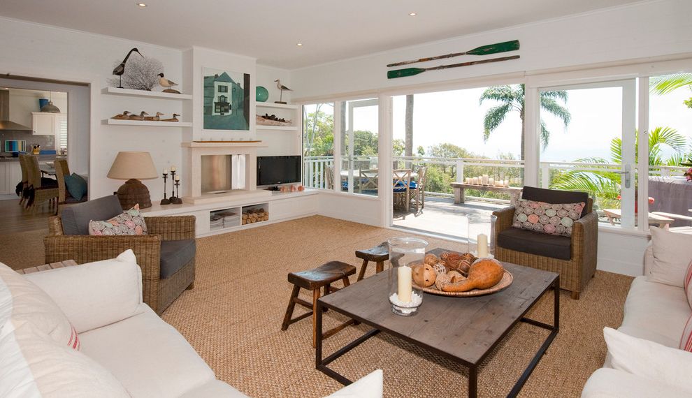 Sisal Rugs Lowes   Beach Style Living Room  and Balcony Break Out Cased Entry Coffee Table Fire Place Fireplace Floating Shelves Hamptons Style Hearth Joinery Kitchen Ocean Views Open Plan Palm Beach Sofa Storage Verandah Weekender Wicker Chairs