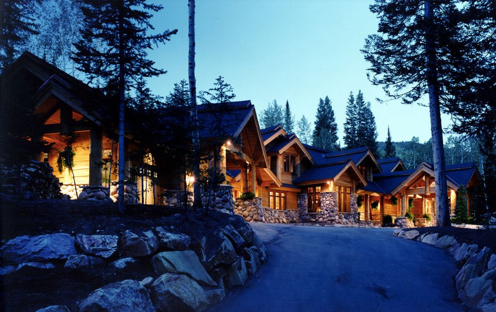 Sky Lodge Park City   Rustic Exterior Also Boulders Cabin Driveway Entrance Entry Gabled Roof Rocks Rustic Stone Pillars Wood Siding
