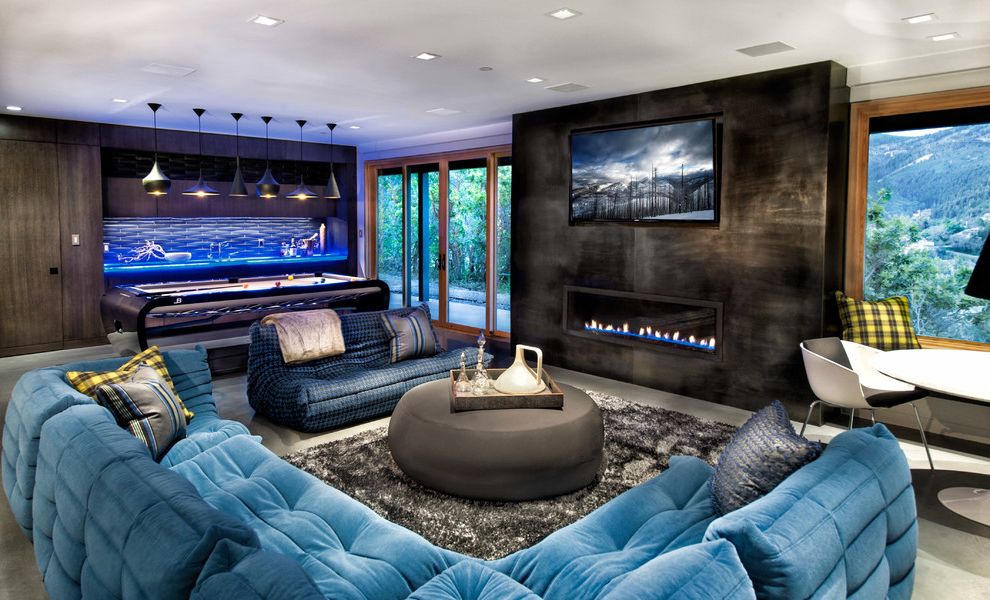 Sky Lodge Park City with Contemporary Family Room Also Game Table Linear Fireplace Modern Sectional Ottoman Pendant Lighting Rug Sliding Glass Doors