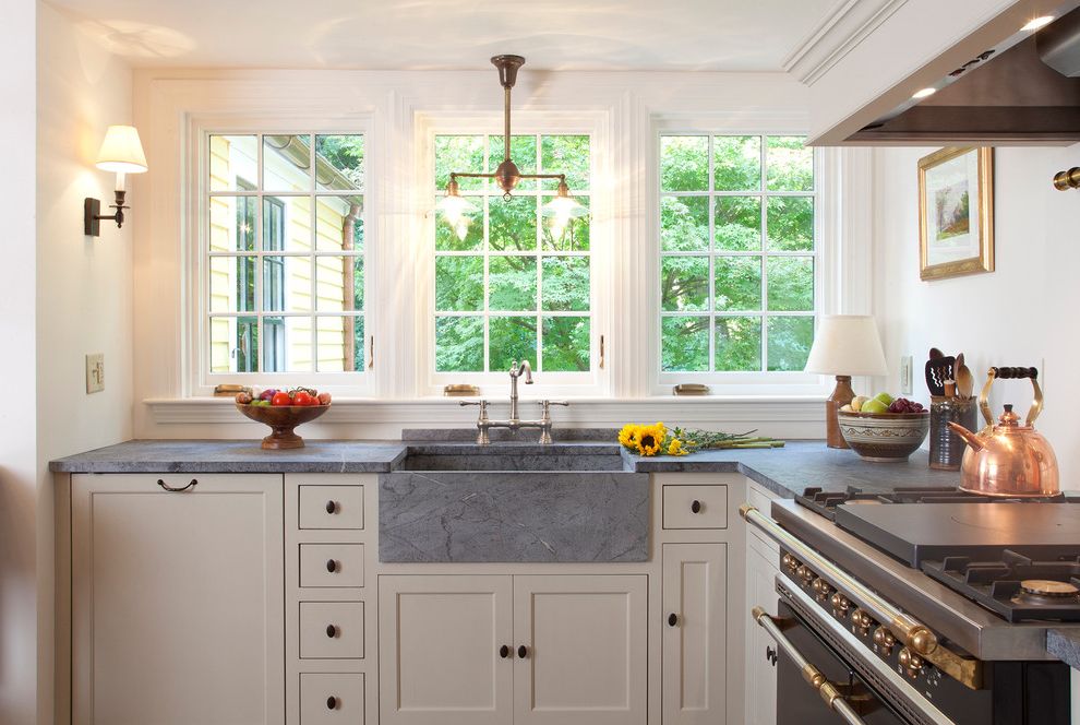 Soapstone vs Granite with Traditional Kitchen Also Cottage French Windows Pendant Light Range Shaker Kitchen Sink Stone Sink White Cabinet