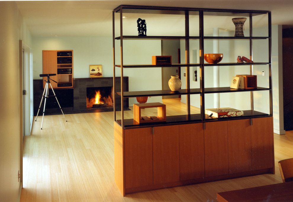 Soundproof Room Dividers   Modern Living Room Also Bookshelves Light Wood Floors Modern Fireplace Modern Shelves Open Floor Plan Telescope Tiled Fireplace