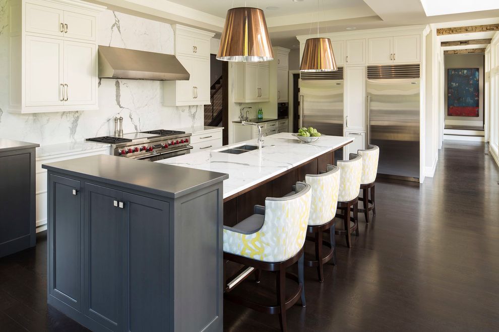 Southern Lights Mn with Transitional Kitchen  and Gray Cabinet Pendant Lights Tray Ceiling Two Refrigerators Upholstered Bar Stools White Countertop