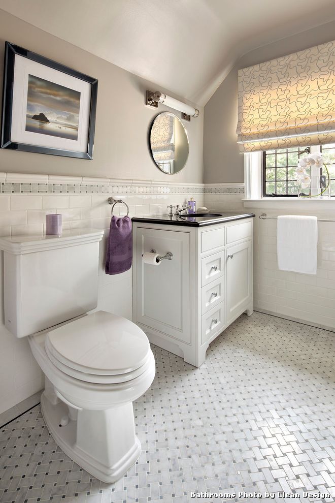 Sparkle Floor Tiles with Contemporary Bathroom and Basketweave Tile Chair Rail Marble Tile Roman Shade Round Mirror Slanted Ceiling Subway Tile Tan Paint Tile Accent Tile Floor White Vanity Window