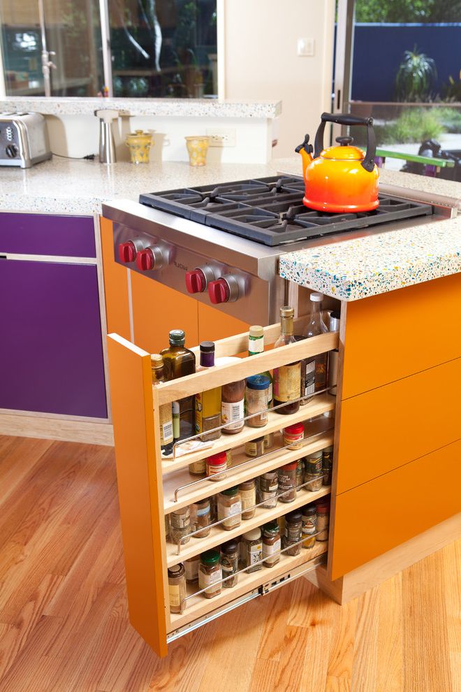 Spice Rack Plano with Eclectic Kitchen Also Gas Range Kitchen Organization Kitchen Organizers Kitchen Storage Orange Cabinets Orange Tea Kettle Pull Out Spice Rack Purple Cabinets Space Saving Wolf Range