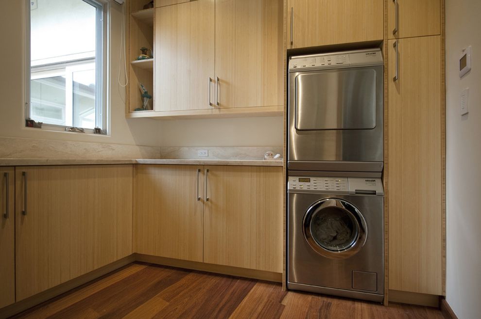 Stackable Washer and Dryer Sears   Contemporary Laundry Room  and Blonde Wood Built in Storage Front Load Washer and Dryer Open Shelves Stackable Washer and Dryer Stacked Washer and Dryer Wood Flooring