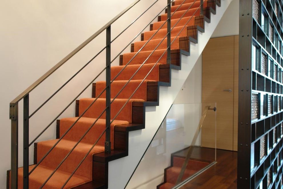 Stainmaster Carpet Reviews   Contemporary Staircase  and Axis Mundi Bronze Bronze Screen Glass Partition Handrails Minimalist Orange Orange Staircase Runner Oranger Carpet Runner Walnut Floor