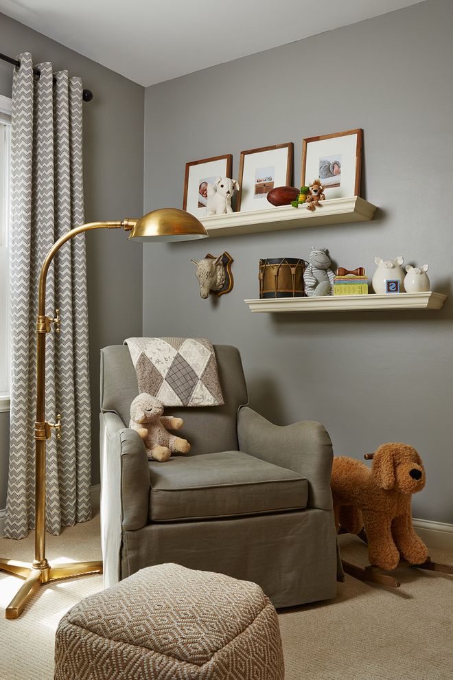 Standing Lamp with Shelves   Transitional Nursery Also Chevron Curtains Floating Shelves Framed Artwork Gold Floor Lamp Gray Nursery Glider White and Gray Curtains
