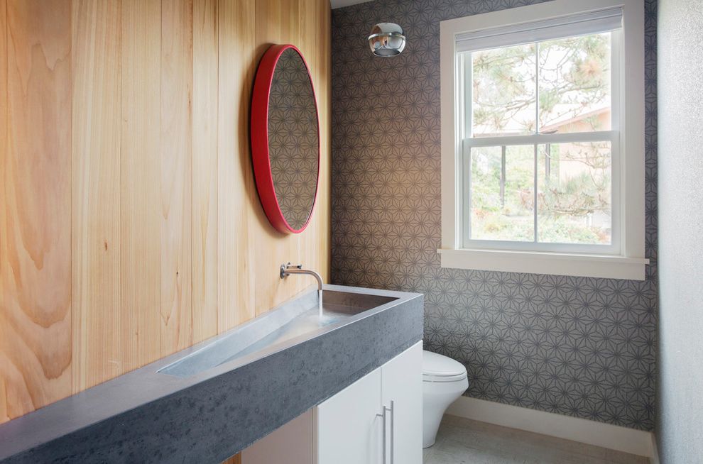 Star Pointe Realty   Contemporary Powder Room Also Concrete Cool Sink Geometric Wallpaper Gray Wallpaper Oval Mirror Paneled Wall Red Frame Sink Star Pattern Wallpaper Star Wallpaper Triangular Sink Unique Sink Wall Mounted Faucet Wood Paneling
