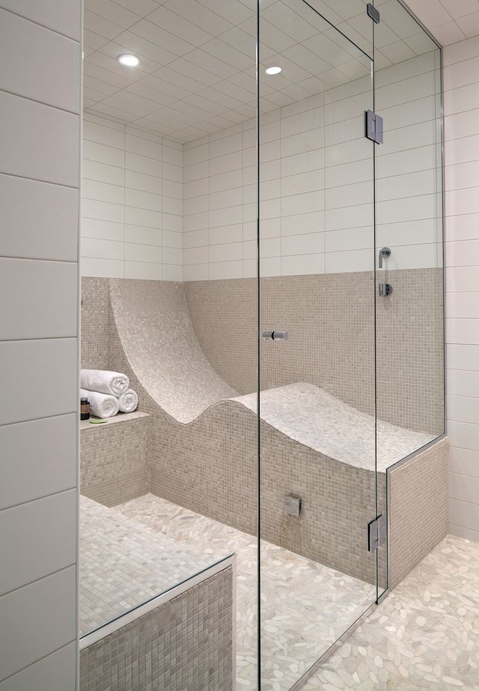 Steam Room vs Sauna   Contemporary Bathroom  and Bathroom Beige Bathroom Beige Tile Chrome Hinges Fitted Bench Glass Glass Door Glass Partition Hinges Sauna Shower Shower Lights Stainless Steel Hinges Steam Shower Tile White Bathroom White Tile