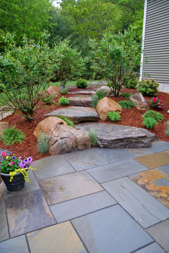 Stepping Stone Round Rock with Rustic Landscape Also Bluestone Bluestone Patio Boulder Stairs Boulders Bushes Colorful Flowers Flowers Mulch Landscape Natural Landscape Natural Steppers Pink Flowers Purple Flowers Rock Stairs Rocks Shrubs Stone Patio