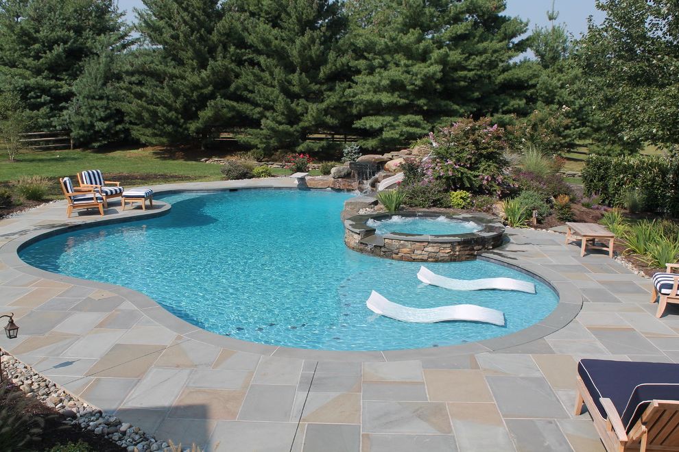 Sun Ray Pools   Traditional Pool  and Blue and White Striped Patio Cushions Freeform Pool Hot Tub Lounge Chair Spa Stone Pool Patio Sun Shelf Swimming Pool Wooden Patio Furntiure