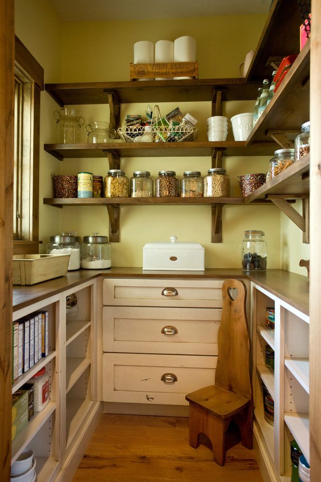Swedish Mill Creek with Farmhouse Kitchen  and Bread Bin Cabinet Candle Cottage Farmhouse Food Storage Glass Jar Open Shelves Painted Wood Cabinet Pantry Pull Handle Stool Storage Wood Floor Wood Shelves