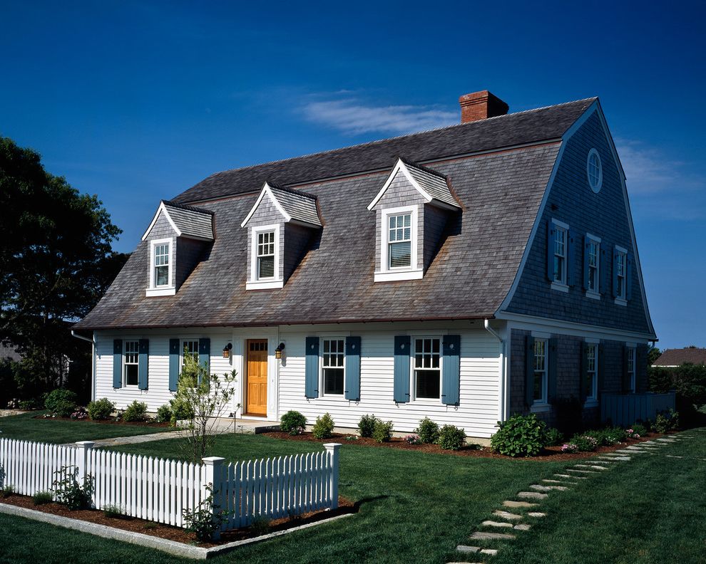 Teal Shutters   Beach Style Exterior  and Bluestone Cape Cod Chimney Curved Dormer Dormers Front Walk Gambrel Roof Guest House Shingles Shrubs Shutter Cut Outs Shutters Stepping Stone Path White Picket Fence Wood Door