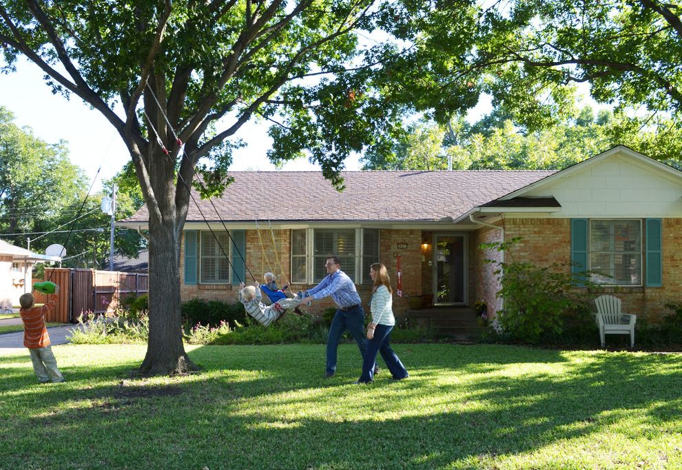 Teal Shutters   Traditional Exterior  and Adirondack Chair Blue Shutters Boys Brick Facade Family Front View Front Yard Grass Home Owners House Kids Orange Brick House Ranch Ranch Style House Single Story Swing Texas Tree Tree Swing