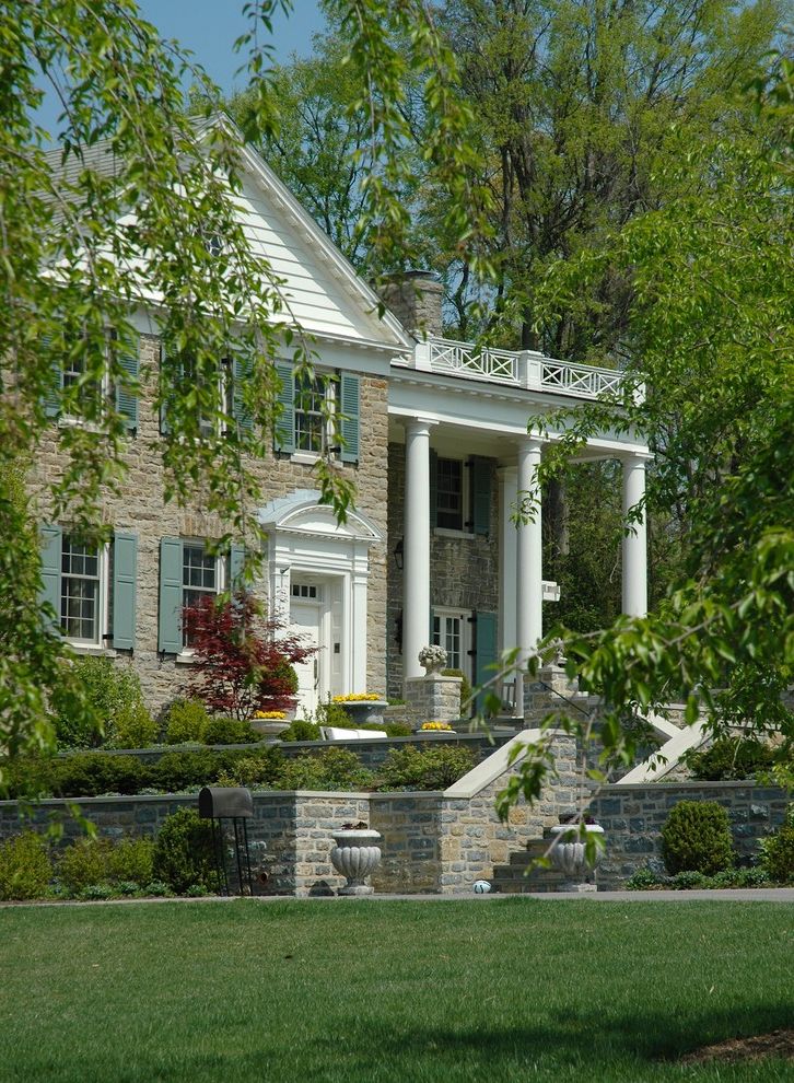 Teal Shutters   Traditional Exterior  and Chimney Columns Garden Wall Porch Shutters Site Walls Sloped Site Steps Stone Stone Facade Tapered Columns White Siding