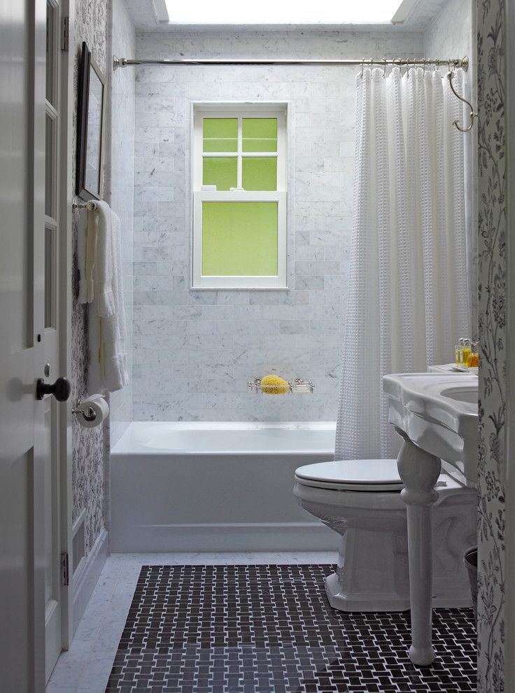 Terracotta Tile Home Depot with Farmhouse Bathroom Also Built in Closet Patterned Wallpaper Sky Light Over Tub Textured Subway Tile Waterworks Fixtures Waterworks Stone and Mosaic Floor White Bathroom