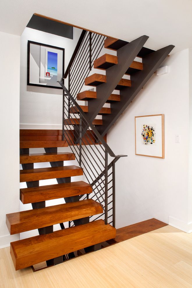 Thick Stair Treads   Contemporary Staircase  and Art Blocky Contemporary Staircase Floating Tread Landing Light Wood Floor Metal Railing Modern Staircase Open Riser Steel Beam Wood Stairs