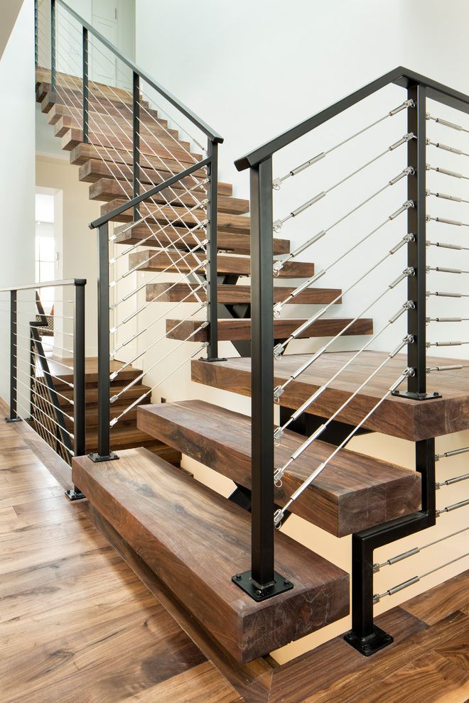 Thick Stair Treads with Contemporary Staircase  and Black and Silver Railing Black Railing Dark Wood Stairs Open Riser