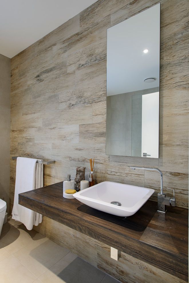 Tile Stores Near Me with Contemporary Bathroom  and Bathroom Dark Stained Wood Floating Vanity Frameless Mirror Neutral Recycled Timber Textures Tile Floor Timber Look Tiles Timber Vanity Towel Rack Vessel Sink Weathered Wood Wood Wall