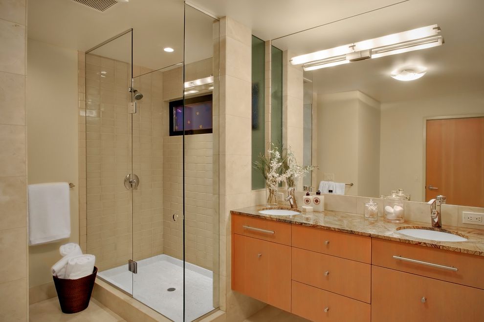 Tileable Shower Base with Contemporary Bathroom  and Beige Cream Double Sinks Flat Panel Floating Vanity Frameless Glass Enclosure Light Wood Mirror Shower Tile Vanity Light Bar