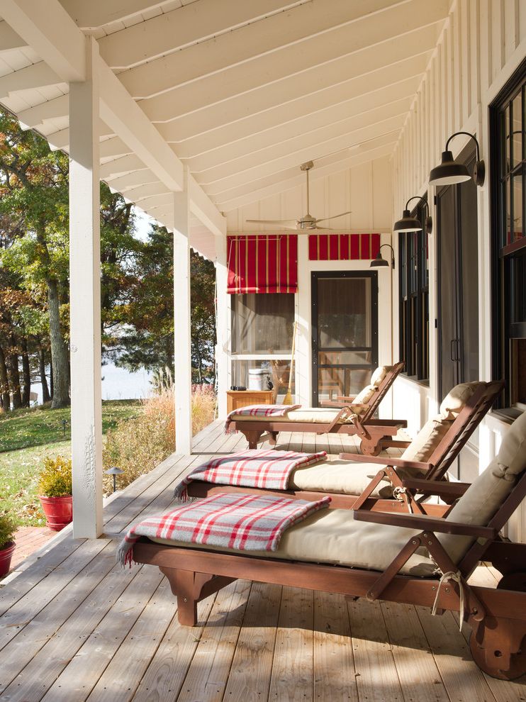 Tropitone Lounge Chairs   Farmhouse Porch  and Bede Design Ceiling Fan Chaise Lounges Country Deck Farmhouse Gridley Graves Lake House Lake View Lounge Chairs Painted Wood Plaid Porch Porch Lights Red Shades