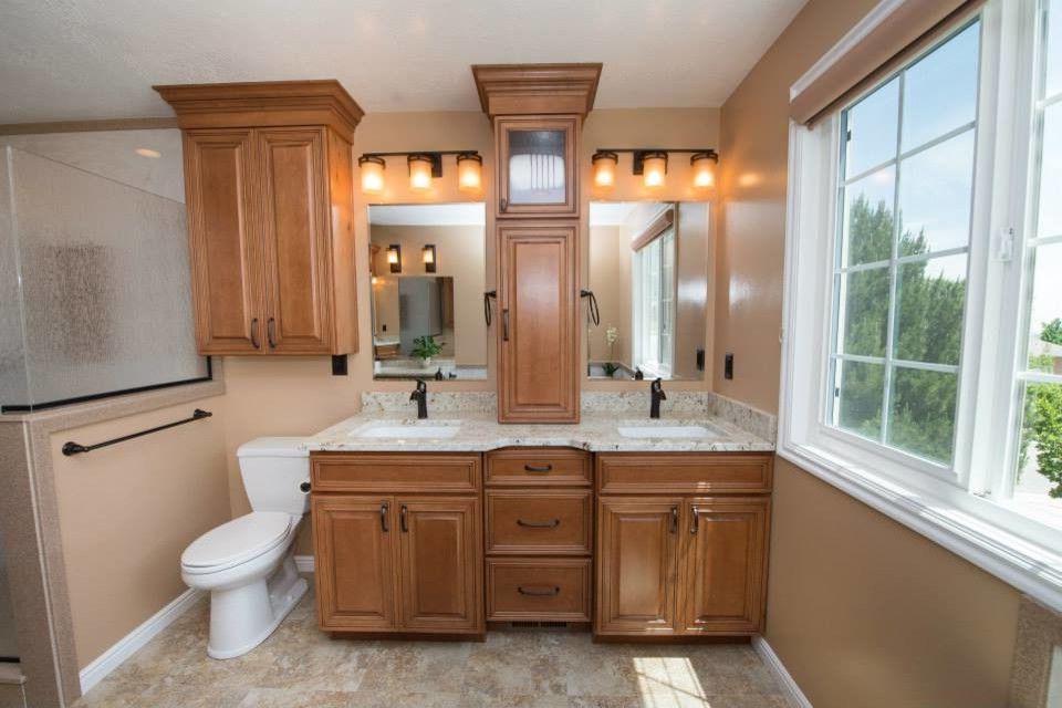 Tuscany Utah with Traditional Bathroom  and Bathroom Remodel Dual Vanity Granite Countertops Maple Cabinetry Neutral Colors Tile Flooring Undermount Sinks Vanity White Paned Window Wood Cabinets