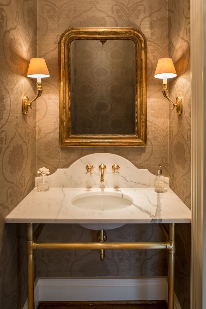 Us Marble Vanity Tops   Traditional Powder Room Also Classic Elegant Gold Framed Mirror Neutral Colors Sink Stand Wall Mounted Faucet Wall Sconces Wallpaper White Countertop White Trim