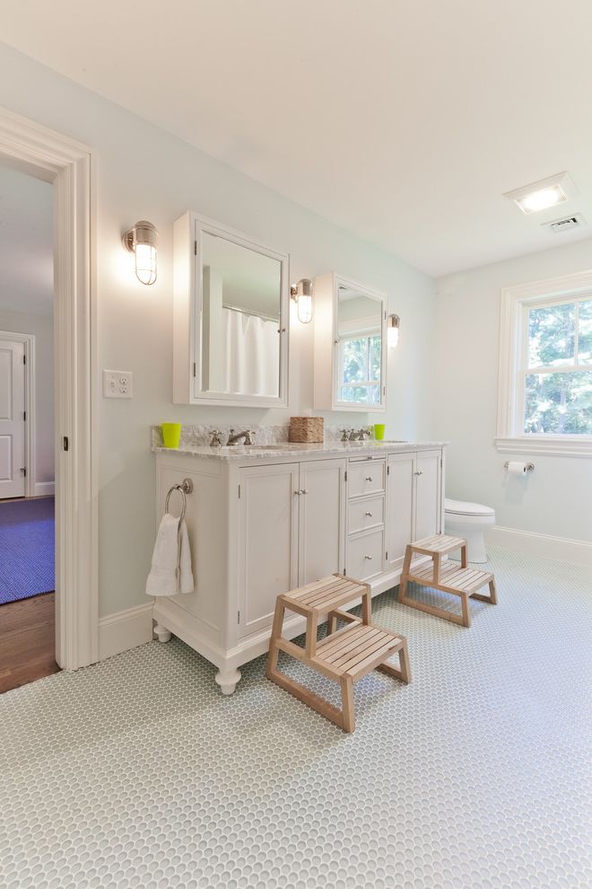 Vance Family Medicine with Traditional Bathroom  and Doorway Double Sinks Medicine Cabinets Mirrors Sconce Step Stools Tile Floor Toilet Towel Ring Vanity Vanity Storage White Bathroom White Trim Windows