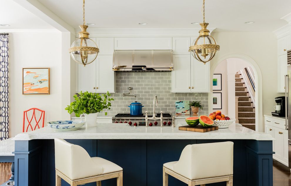 Victorian Hotel Pendant   Transitional Kitchen  and Arched Doorway Blue Island Glass Pendants Gold Pendants Victorian Hotel Pendant White Countertop