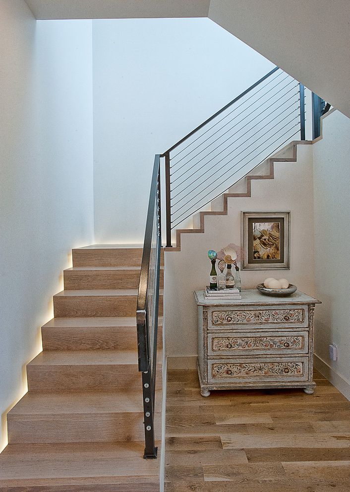 Vinyl Stair Tread Covers   Transitional Staircase  and Antique Dresser Cable Railing Cove Lighting Landing Neutral Colors Staircase Lighting Wood Flooring Wooden Staircase