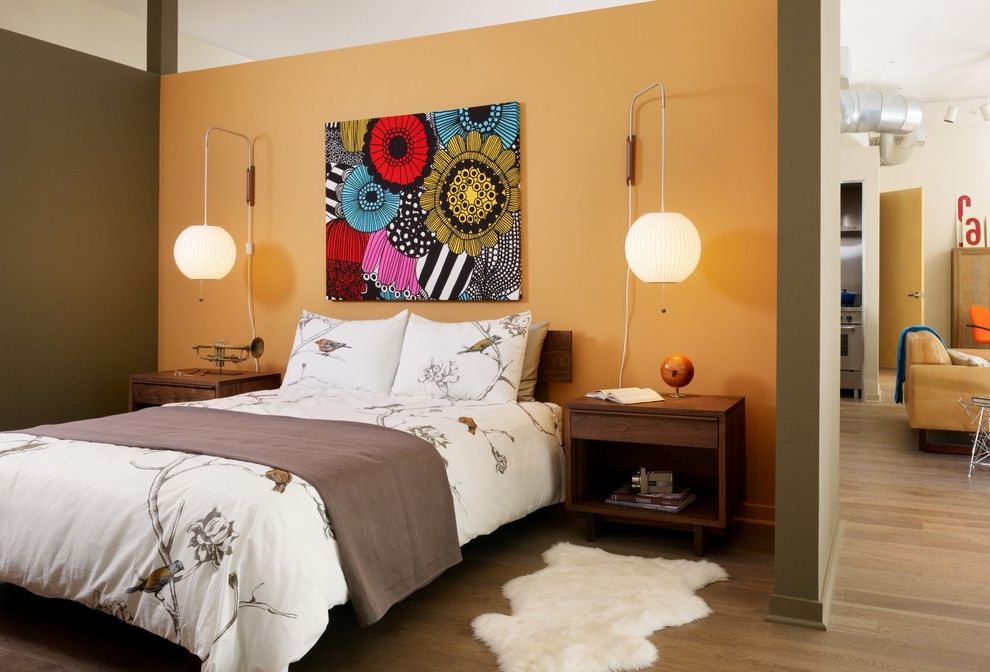 Vistaprint Coupon Code with Modern Bedroom Also Accent Walls Artwork Bubble Lamps Chinoiserie Bedding Exposed Duct Fur Rug Open Floor Plan Orange Wall Partial Wall Support Post Table Lamps Wood Flooring Wood Headboard Wood Nightstands