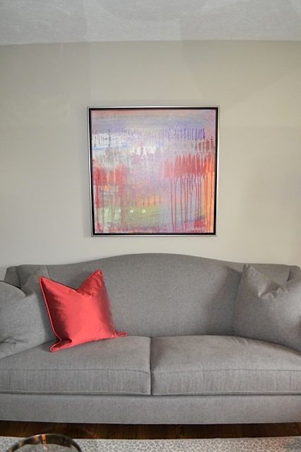 Waugh and Allen with Transitional Spaces  and Abstract Artwork Carousel Iv Ethan Allen Gray Sofa Gray Walls Hartwell Sofa Red Accent
