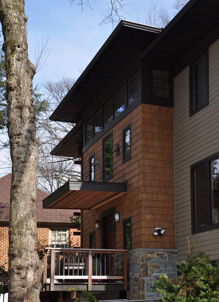 What Does Asbestos Siding Look Like with Contemporary Exterior and Black Windows Flat Roof Overhang Shingle Siding Stone Wood and Grey Wood Railing