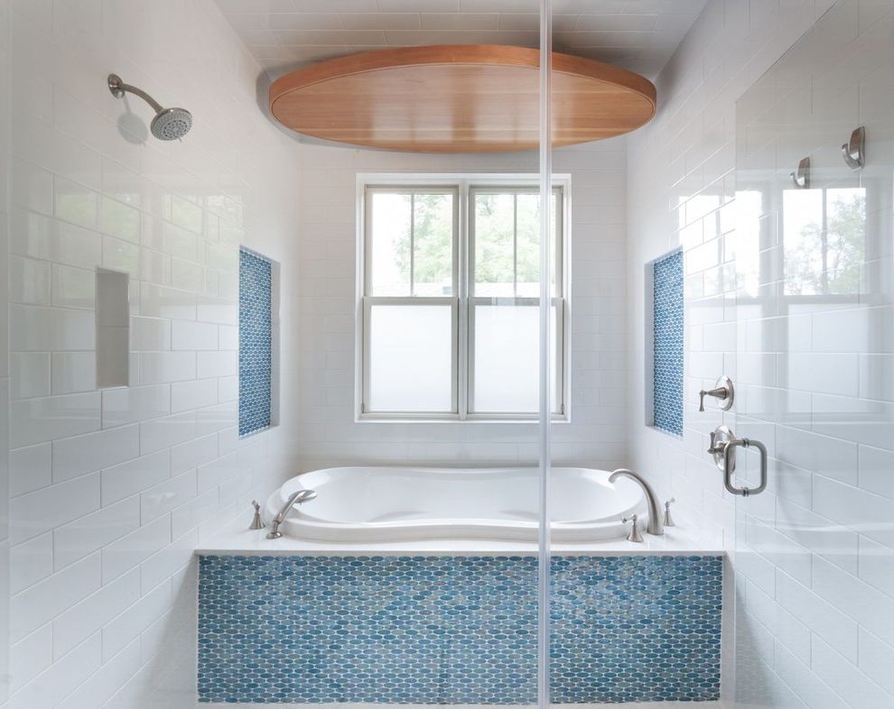 What is a Roman Tub   Contemporary Bathroom  and Blue Tile Glass Shower Door Shower Tile Shower Window Tile Tub Surround Wet Room White Subway Tiles