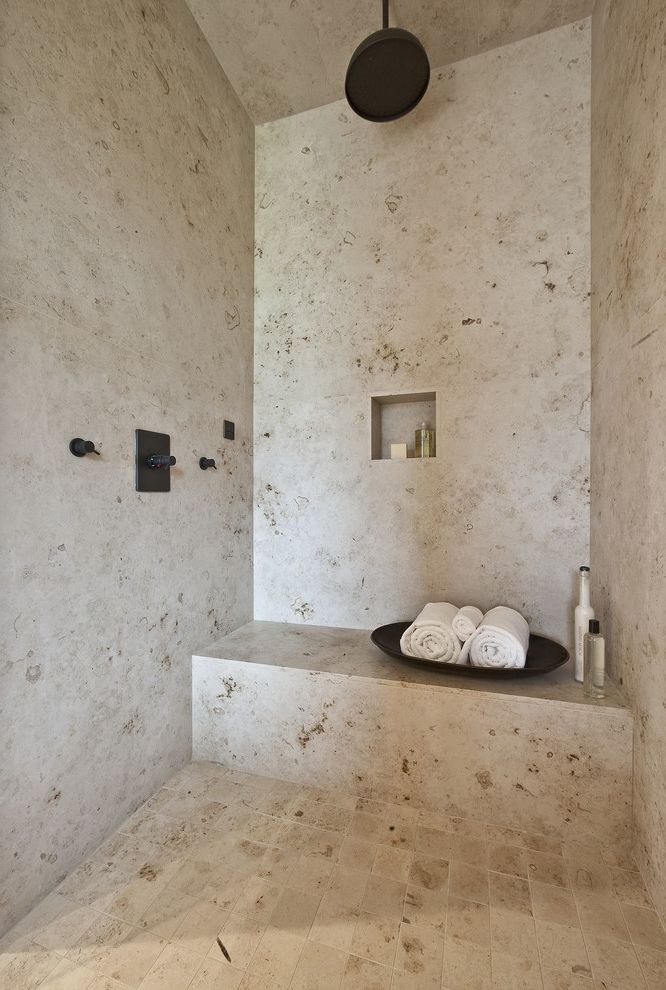 What is Travertine Tile with Contemporary Bathroom Also Bathroom Bench Lodge Master Niche Oil Rubbed Bronze Rain Shower Shower Shower Bench Shower Seat Slab Spa Tile Travertine