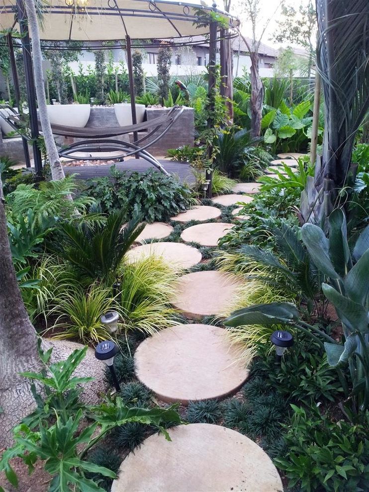 Where to Buy Stepping Stones   Tropical Landscape  and Covered Patio Grasses Green Foliage Palm Trees Path Planting Between Pavers Round Pavers Walkway