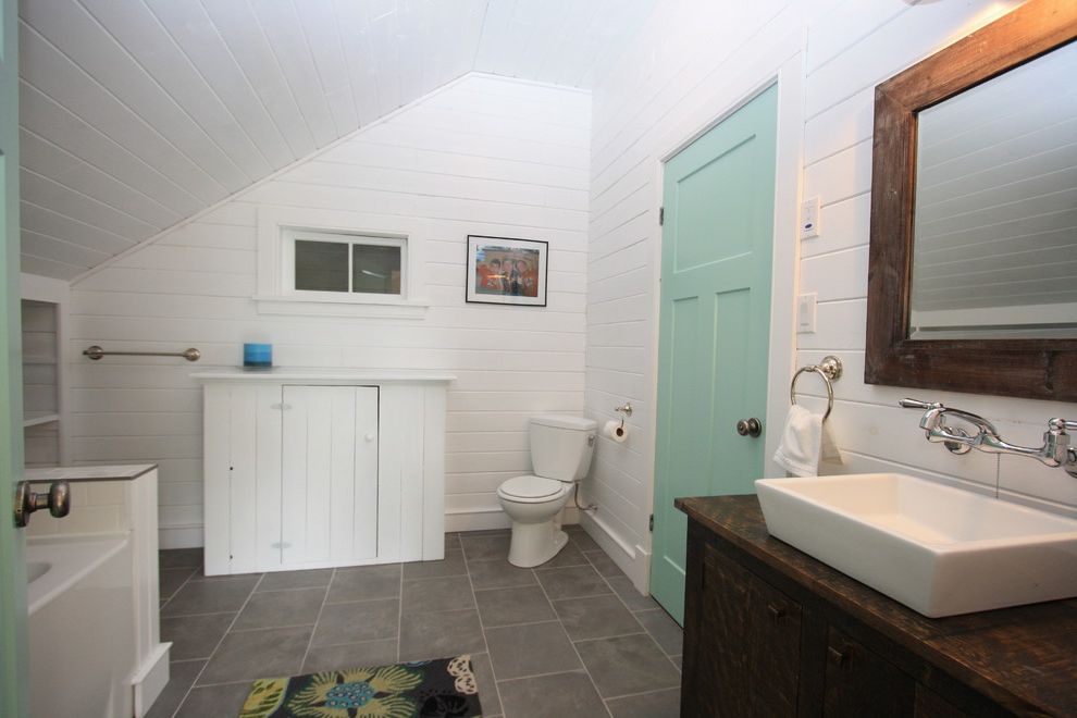 Whites Lumber with Rustic Bathroom Also Bright Built in Storage Clean Coastal Cottage Country Custom Furniture Custom Vanity Open Concept Painted Doors Painted Wood Walls and Ceiling Rustic White Wood Wood Framed Mirror
