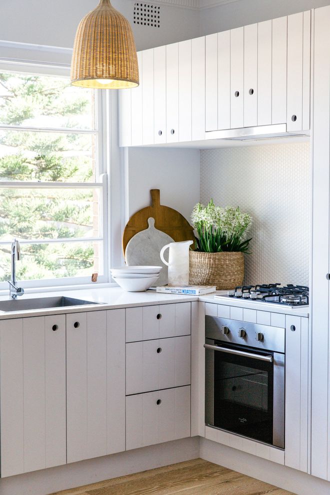 Who Makes Kenmore Dishwashers with Beach Style Kitchen  and Basketweave Pendant Light Small Oven White Mosaic Backsplash Window