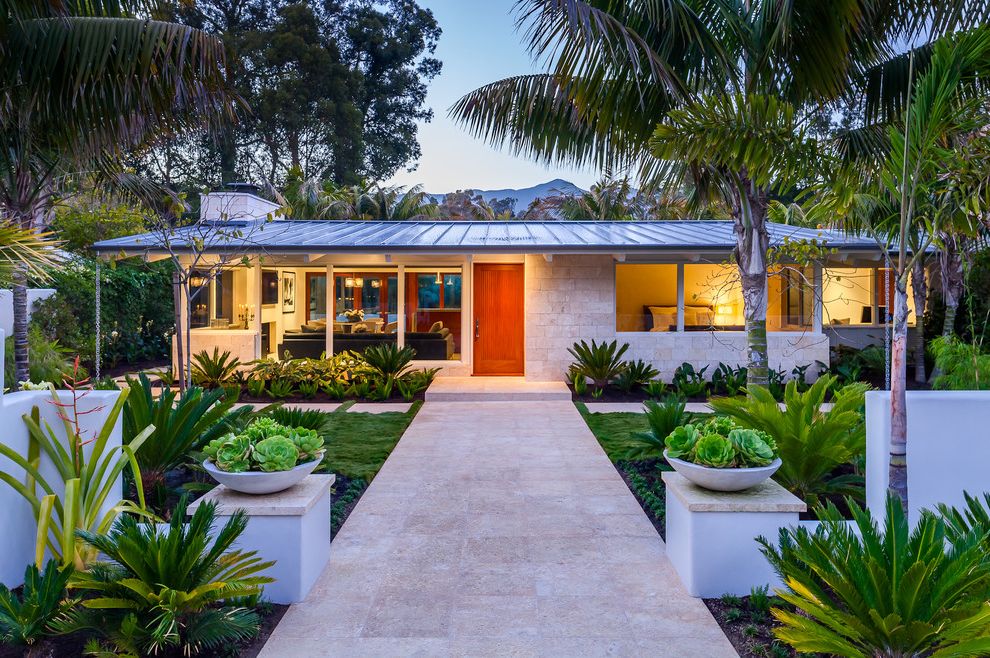 Whole House Fan Lowes with Midcentury Exterior  and Entry Front Entry Gable Roof Landscaping Large Overhang Low Pitch Roof Low Round Planters Metal Roof Mid Century Modern Overhang Palm Trees Planters Standing Seam Metal Roof Stone Vegetation Walkway