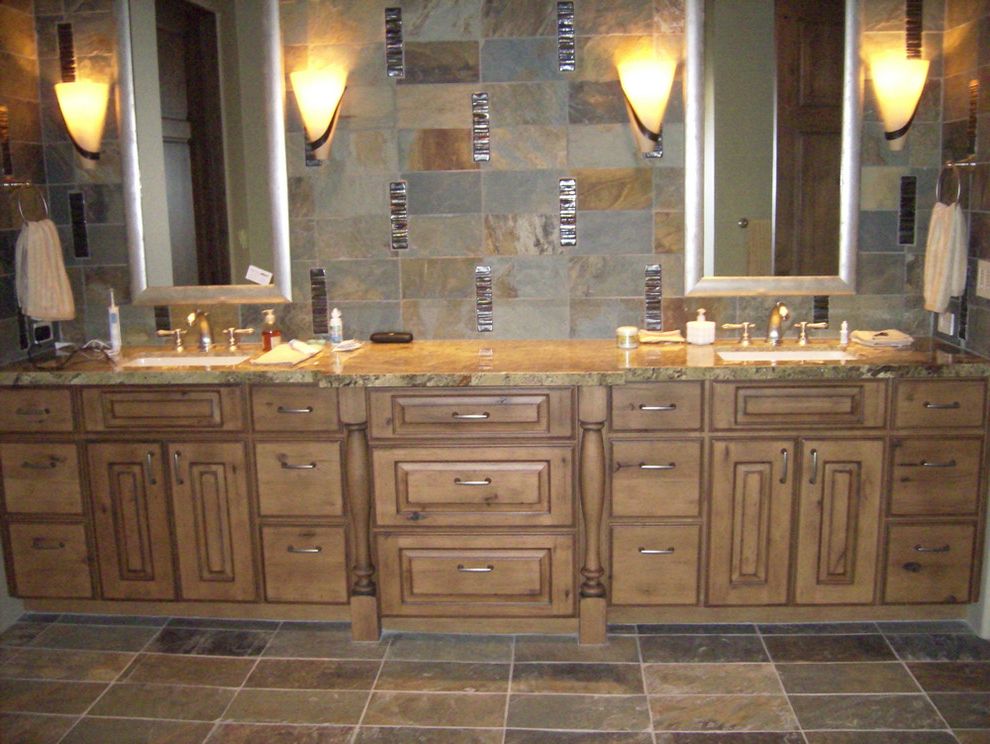 Wichita Ks Theater with Traditional Bathroom  and Double Sink Horizontal Lines Soft Gray Tile Vanity