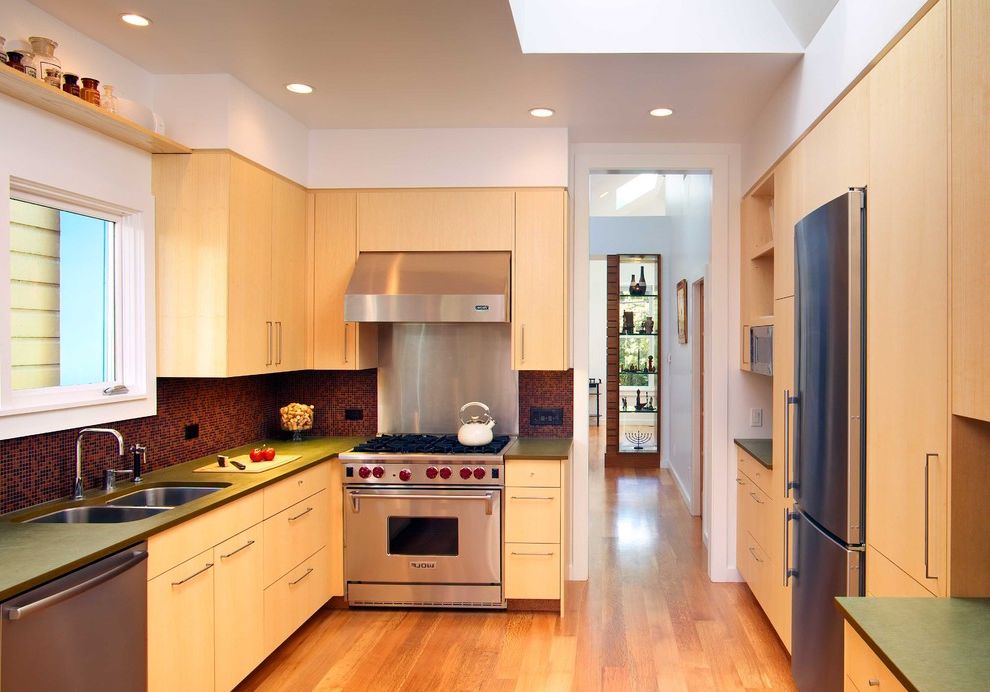 Wolf Stoves   Contemporary Kitchen  and Floating Shelf Hardwood Floors Recessed Lighting Skylight Stainless Steel Appliances Tile Backsplash Undermount Sink Wood Cabinets