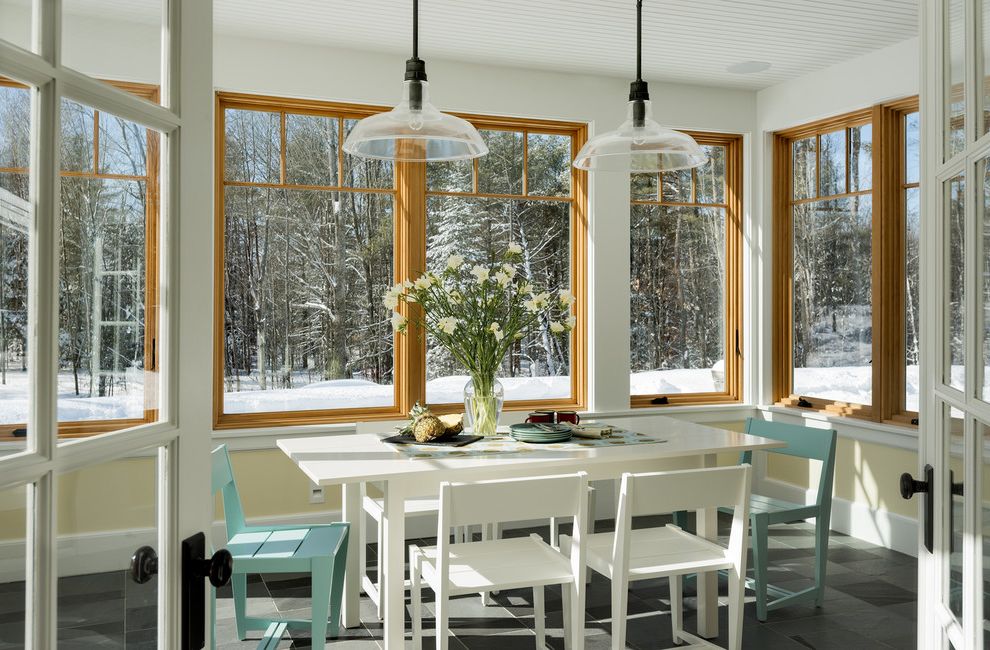 Www Andersenwindows Com   Traditional Dining Room  and French Door Slate Sunroom Vintage Pendant Lighting White Painted Wood White Window Trim Window Ledge Window Trim Wood Ceiling