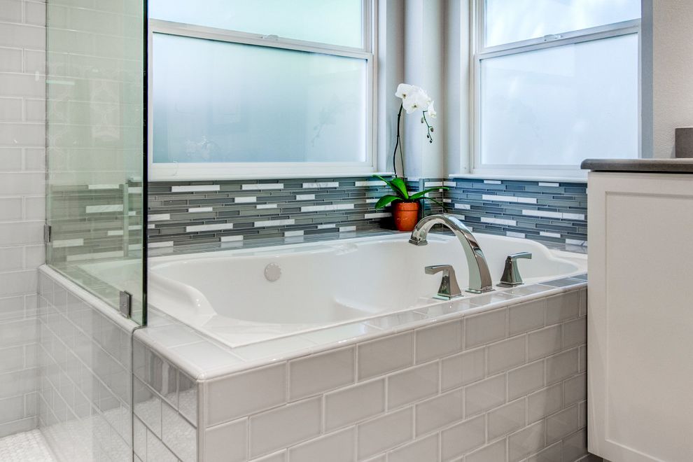 Www Arizonatile Com   Transitional Bathroom  and 3x6 Subway Tile Bath Bathroom Caesatstone Ceramic Tile Glass Tile Gray and White Gray Tile Grey and White Quartz Countertops Shower Subway Tile What Cabinets