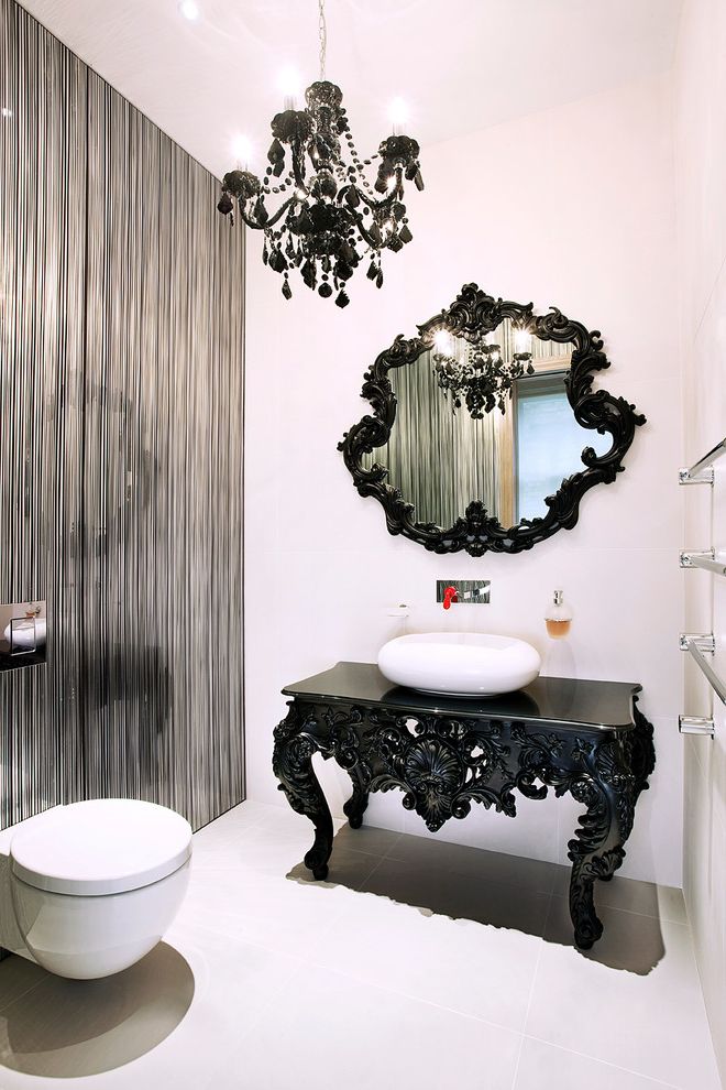 Www Bobs Furniture with Contemporary Powder Room Also Black and White Bathroom Black Glass Chandelier Contemporary Gray Metallic Stripe Wall Ornate Black Framed Mirror Ornate Black Vanity Residential Wall Mounted Sink Faucet