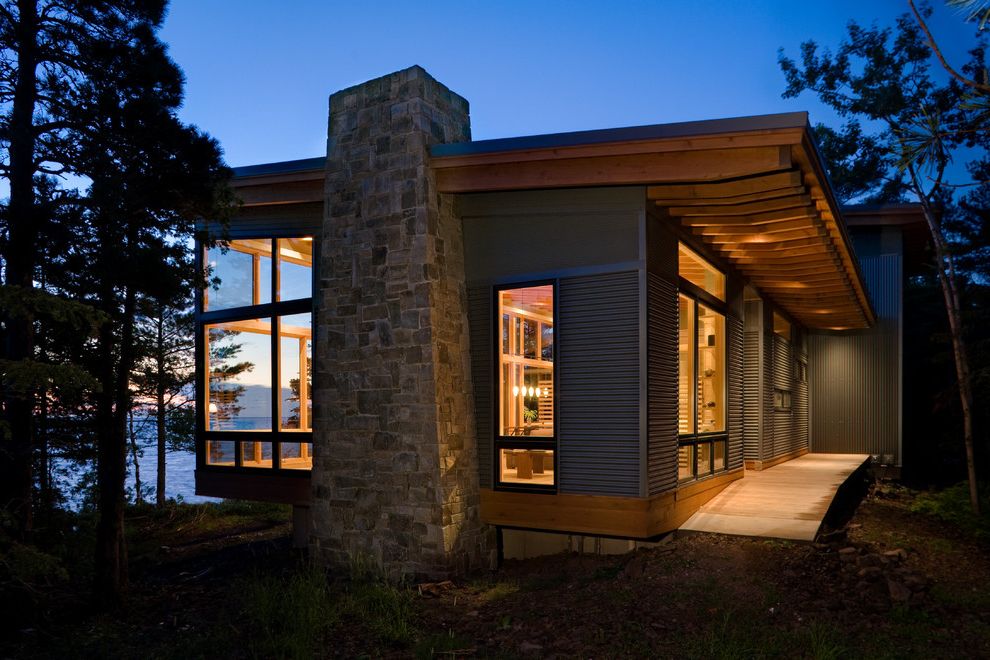 Zinc Siding   Modern Exterior Also Cabin Ocean View Overhang Rafters Siding Stacked Stone Chimney Walkway Wood Ceiling