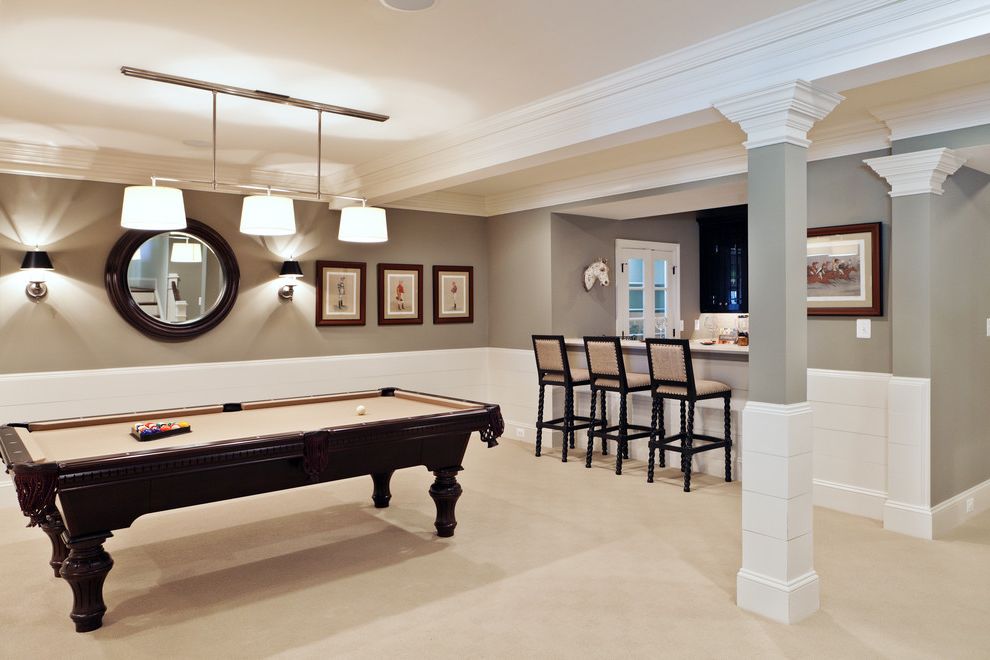 Basement Cost Estimator   Transitional Basement  and Bar Billiard Light Billiards Crown Molding Game Room Home Bar Neutral Colors Pool Table Round Mirror Sconce Wainscoting Wall Art Wall Decor Wall Lighting White Wood Wood Molding